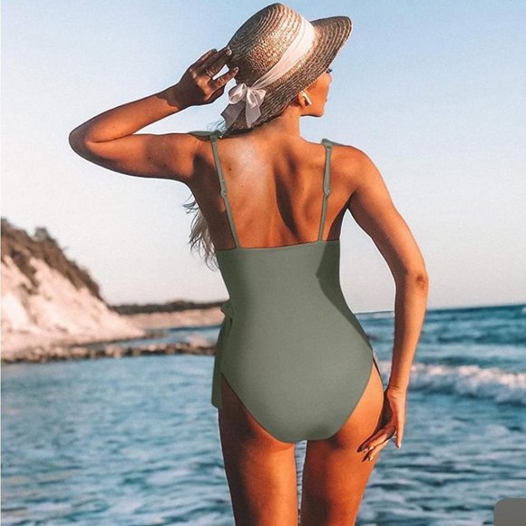 Women One Piece Swimsuit V Neck Ruffle Tummy Control Monokini Bathing Suit sz m - Picture 2 of 6